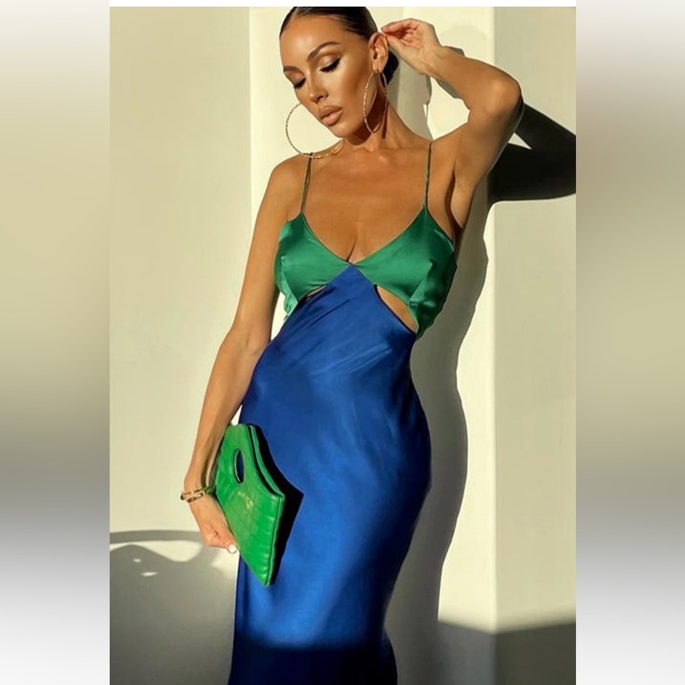 RUNAWAY THE LABEL-NICO SLIP DRESS - GREEN/ROYAL
